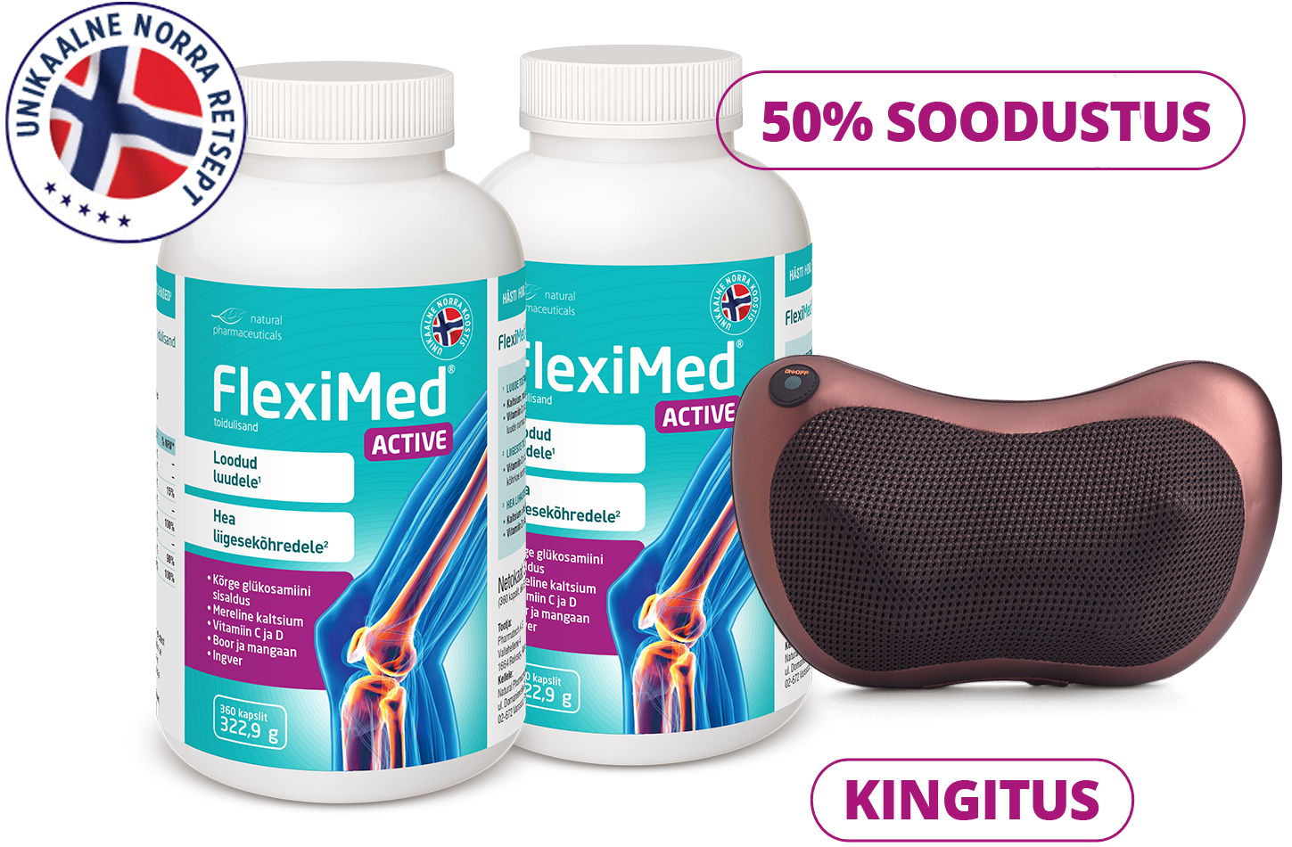 Natural Pharmaceuticals FlexiMed® Active FlexiMed Active toidulisandi pakend liigeste, luude ja lihaste toetamiseks.