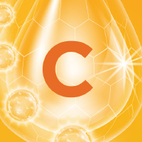 Natural Pharmaceuticals FlexiMed® Active Oranžikas C-vitamiini sümbol tilgakujulise taustaga, rõhutades antioksüdantide ja immuunsuse tugevdajat.