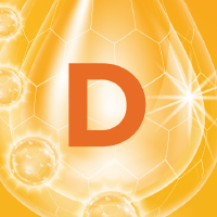 Natural Pharmaceuticals FlexiMed® Active Oranžne täht „D” heleda oranži tilga taustal, millel on välk ja võrgustikustruktuur – sümboliseerib vitamiini D.