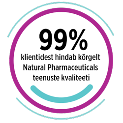 Natural Pharmaceuticals FlexiMed® Active Graafika koos teabega: „99% kliente hindab Natural Pharmaceuticalsi teenuste kvaliteeti kõrgelt”.