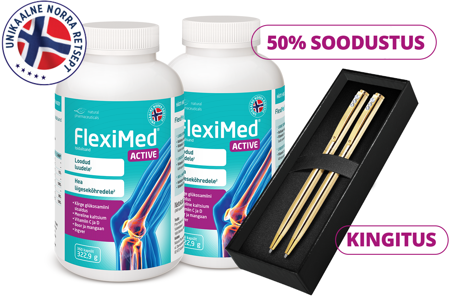 Natural Pharmaceuticals FlexiMed® Active Kaks pakendit FlexiMed® Active toidulisandit Norra logoga, kõrval elegantne komplekt kahest kuldsest pastapliiatsist karbis. Tekstid: „50% SOODUSTUS” ja „KINGITUS”.